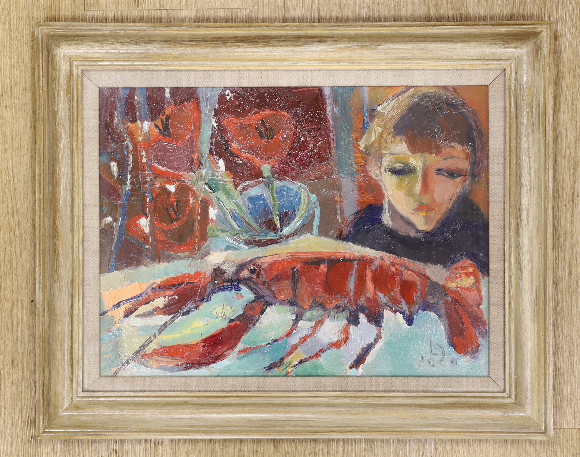 Modern British, oil on canvas, Boy and a lobster, initialled and dated 2000, 30 x 40cm